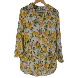 Forcynthia Beachwear Tunic Top 100% Linen M Lemon Print Role Tab Sleeves Pockets